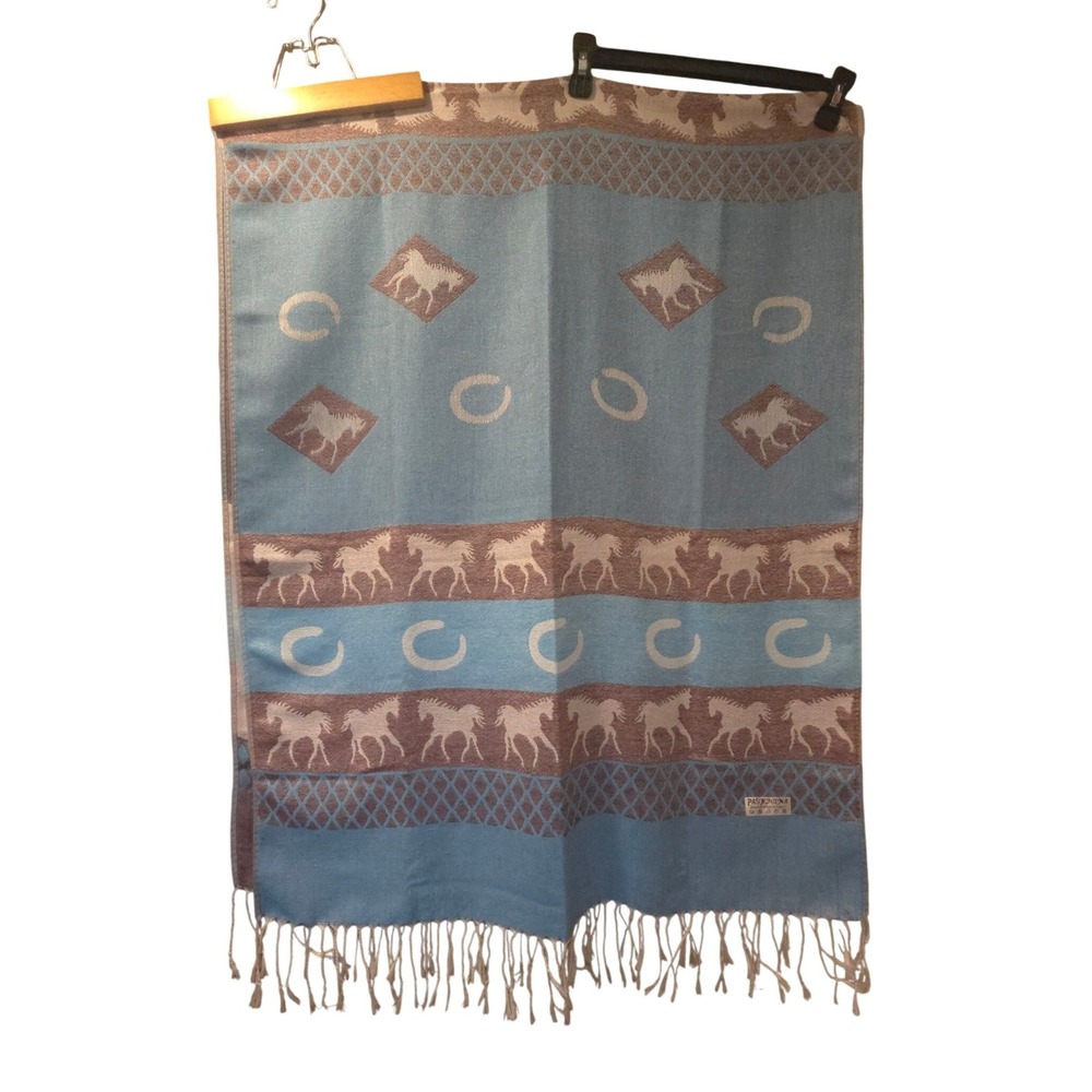 Pashmina Silk Blend Equestrian Horse Print Scarf Shawl Wrap Blue Brown Fringe